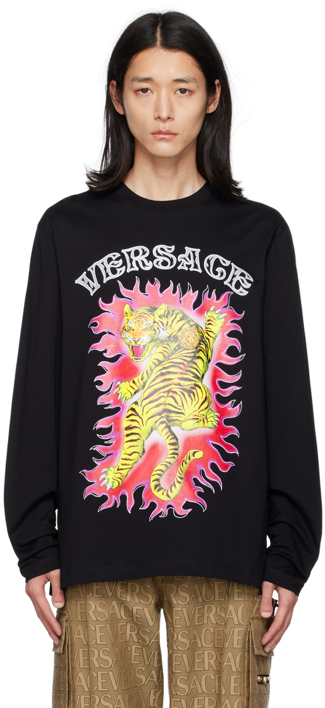 Black Printed Long Sleeve T Shirt by Versace on Sale