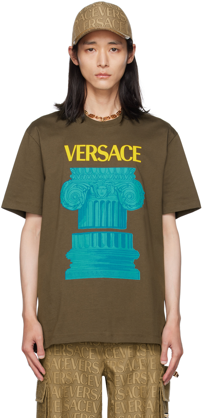 Versace Khaki 'la Colonna' T-shirt In 1gh80-winter Militar