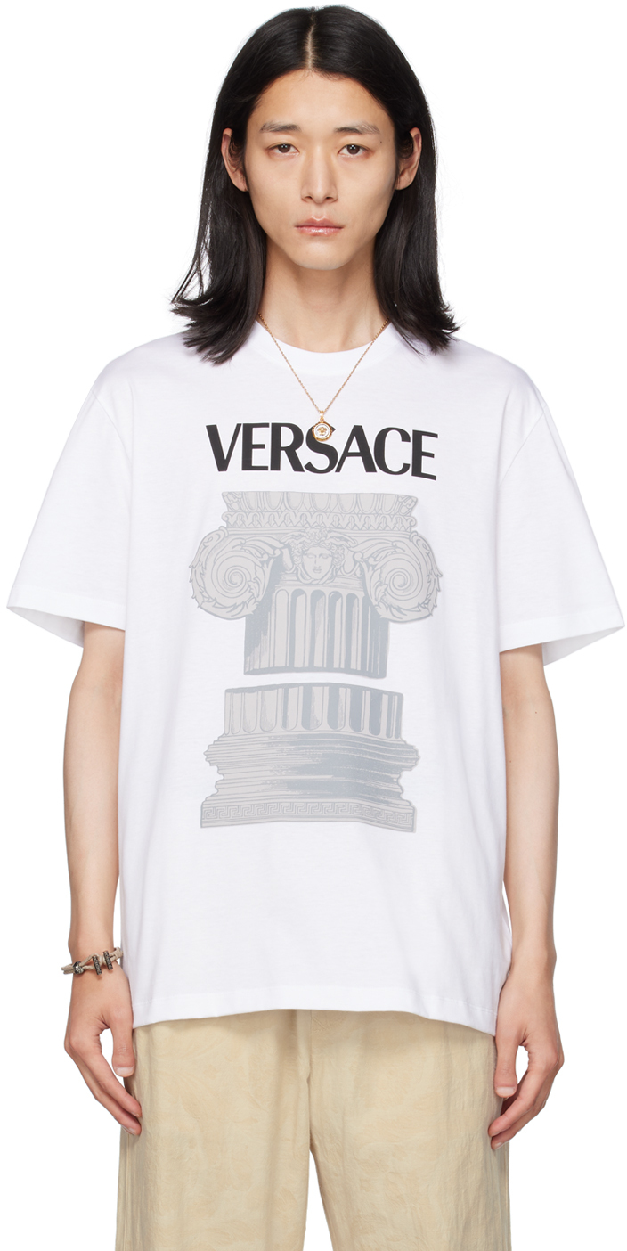 Shop Versace White 'la Colonna' T-shirt In 1w000-optical White