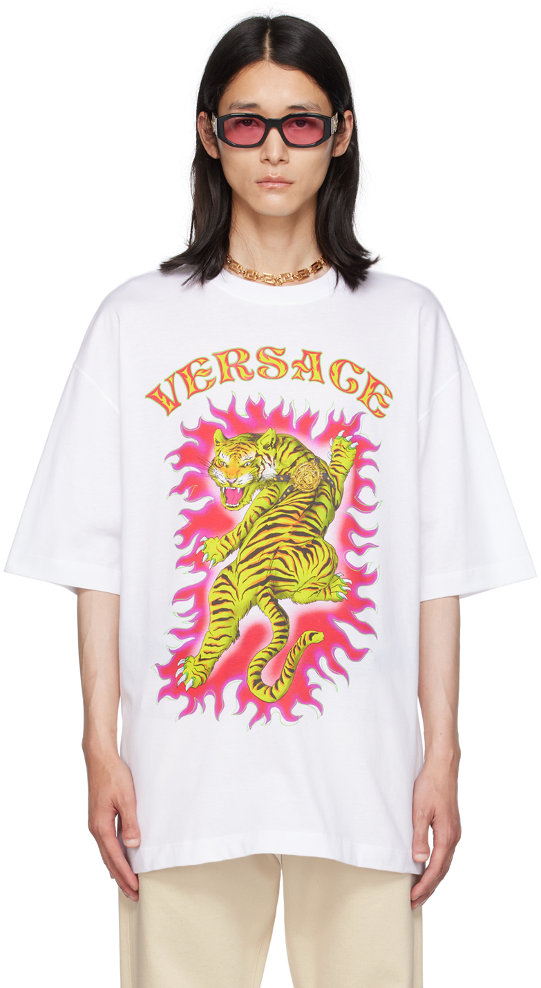 Versace White Printed T-shirt In 1w000-optical White