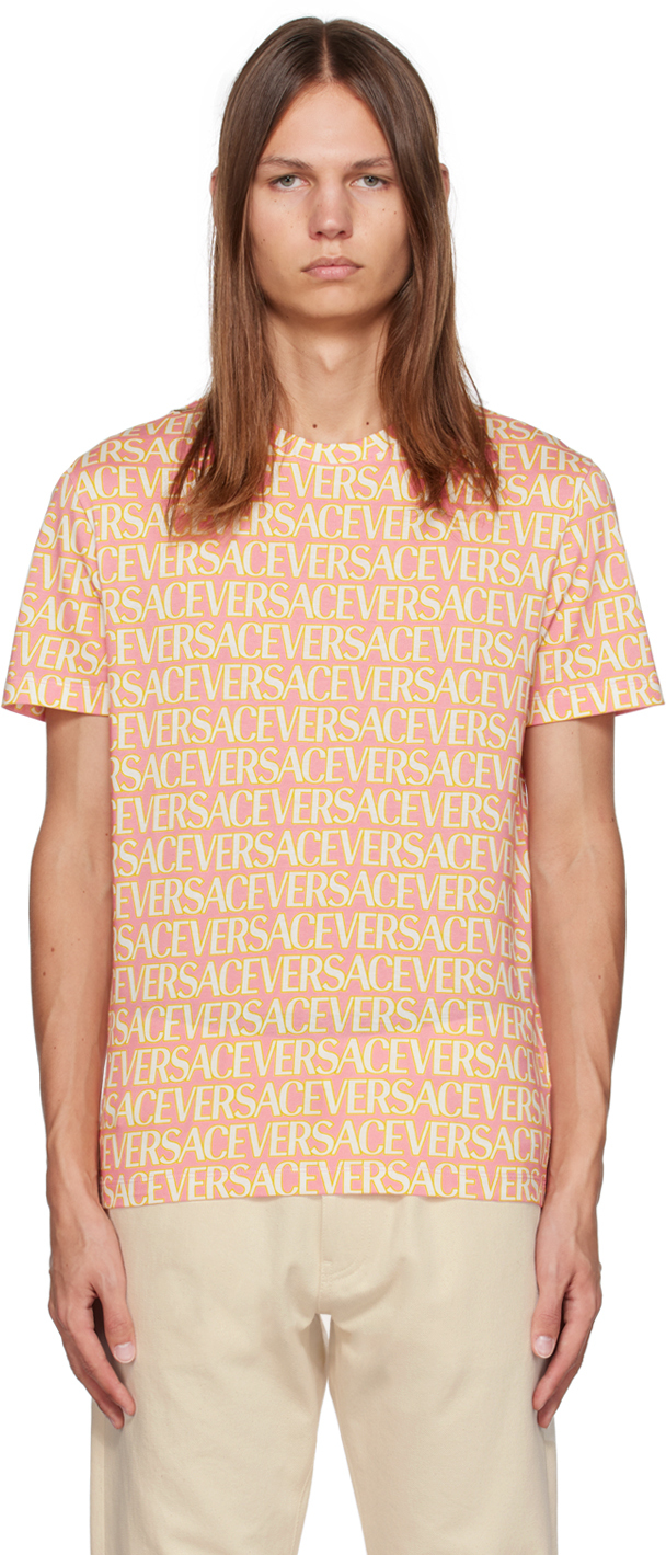Shop Versace Pink Allover T-shirt In 5p830-pink+ivory