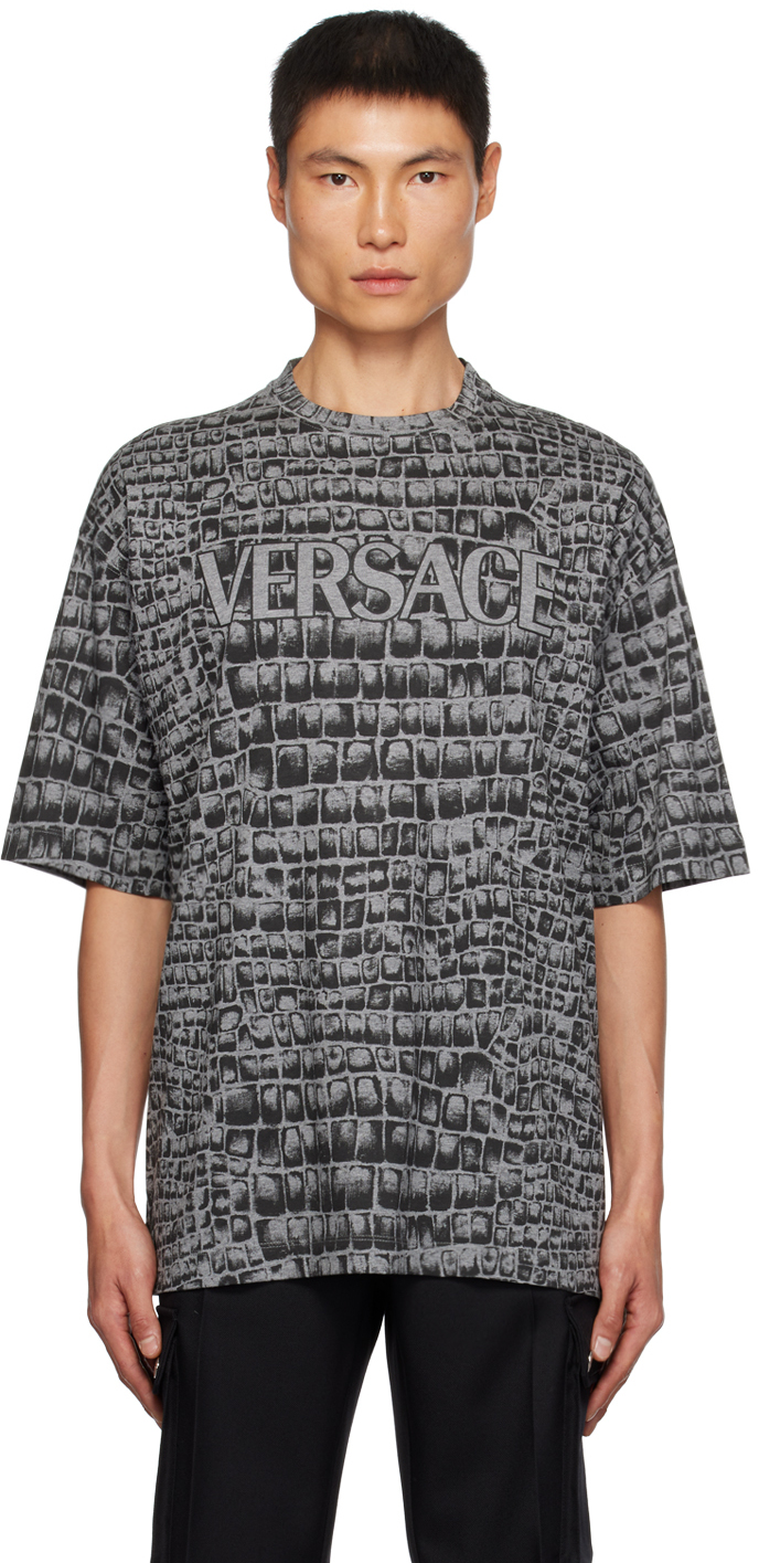 Shop Versace Gray & Black Coccodrillo T-shirt In 2ed10