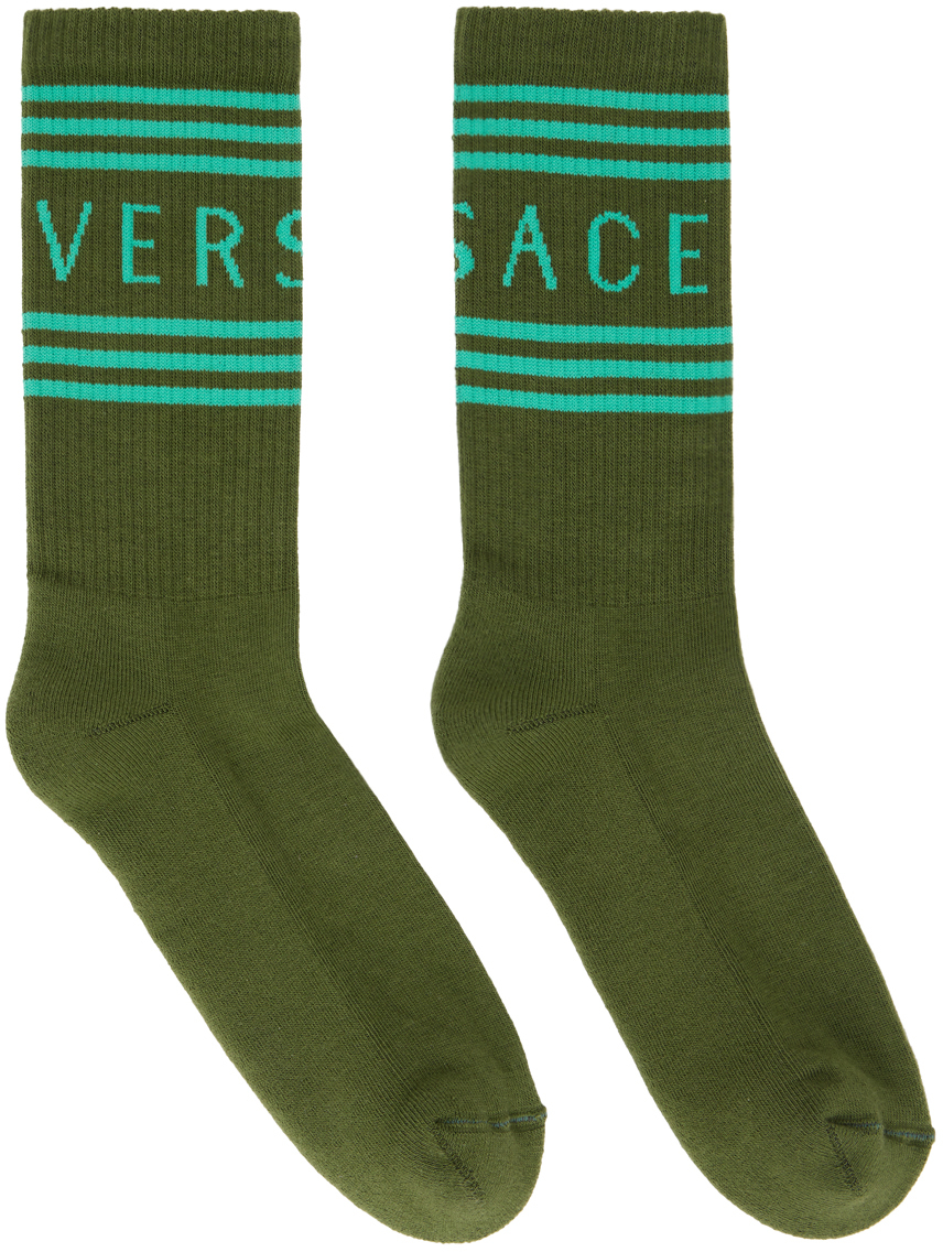 Versace Striped Logo Mid-calf Socks In Green