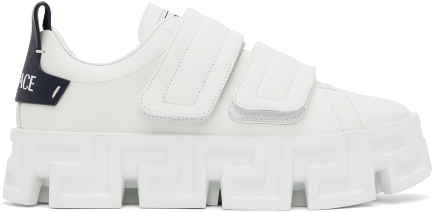 Shop Versace White Greca Portico Strap Sneakers In 2w30b-white+navy-rut