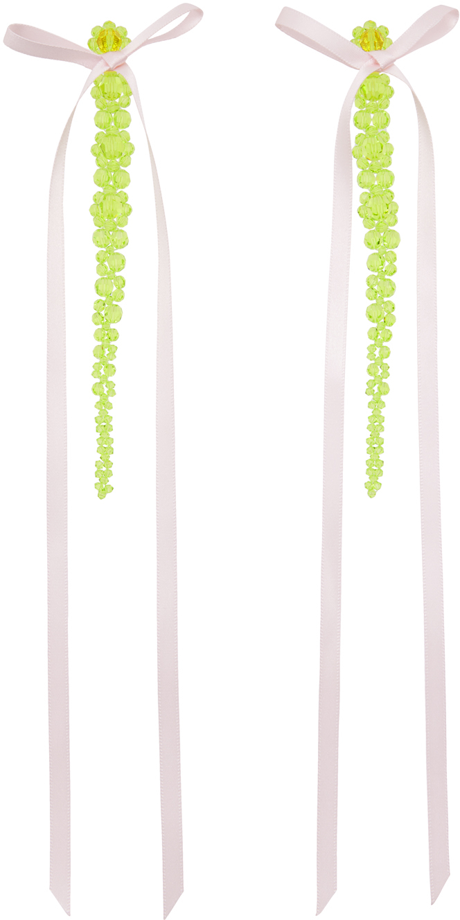 Shop Simone Rocha Green & Pink Bow Ribbon Drip Earrings In Acid Green/pink