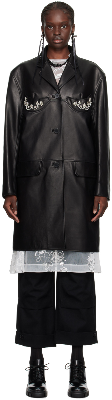 Simone Rocha Black Single-Breasted Leather Coat