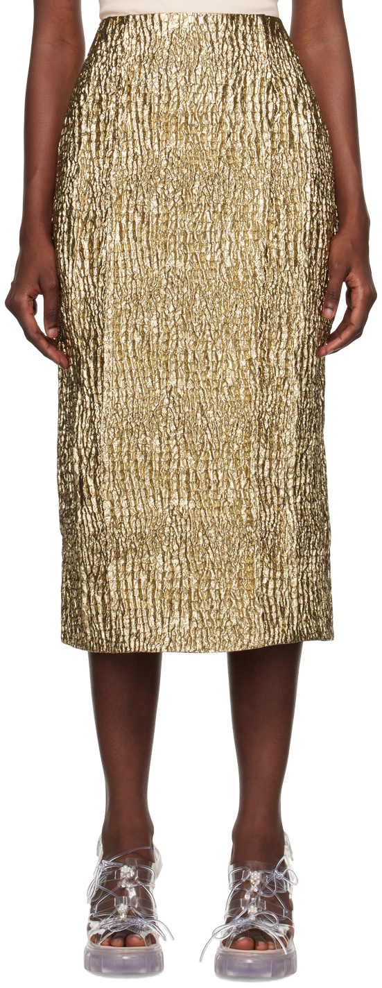 Shop Simone Rocha Gold Pinched Seams Midi Skirt