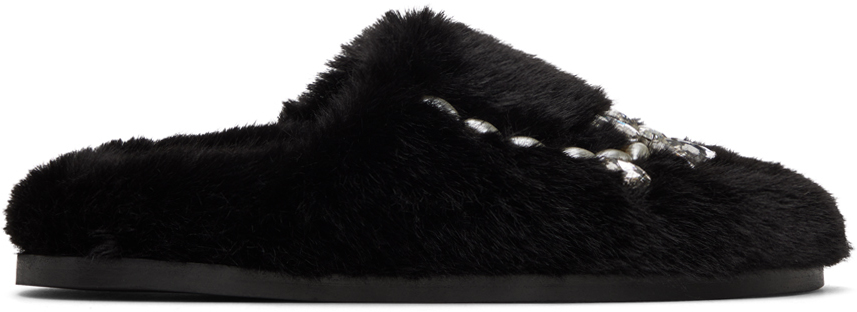 【Simone Rocha】ブラック Embellished Furry スリッパ Simone Rocha: Black Embellished Furry Slippers | SSENSE 日本
