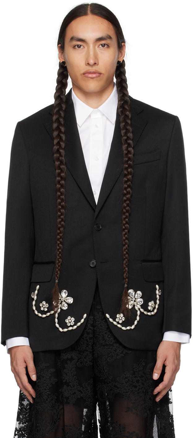 Shop Simone Rocha Black Crystal-cut Blazer In Black/pearl/clear