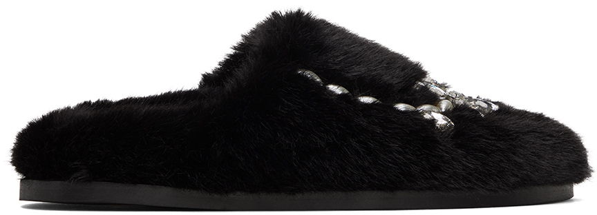 Shop Simone Rocha Black Embellished Furry Slippers In Black/clear