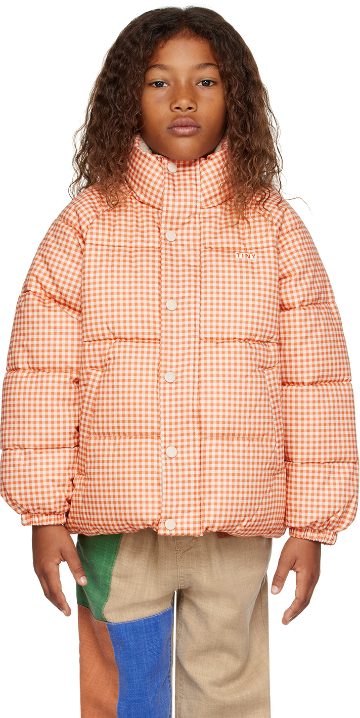Tinycottons Kids Orange Vichy Puffer Jacket In Lght Rust/lght Cream