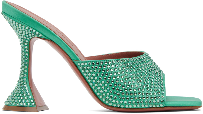 Green Lupita Crystal Heeled Sandals by Amina Muaddi on Sale