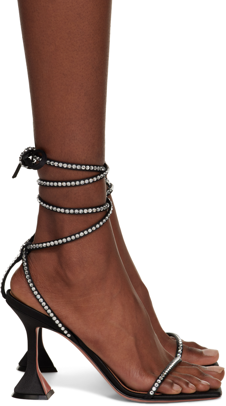 Amina Muaddi Black Vita Crystal Heeled Sandals