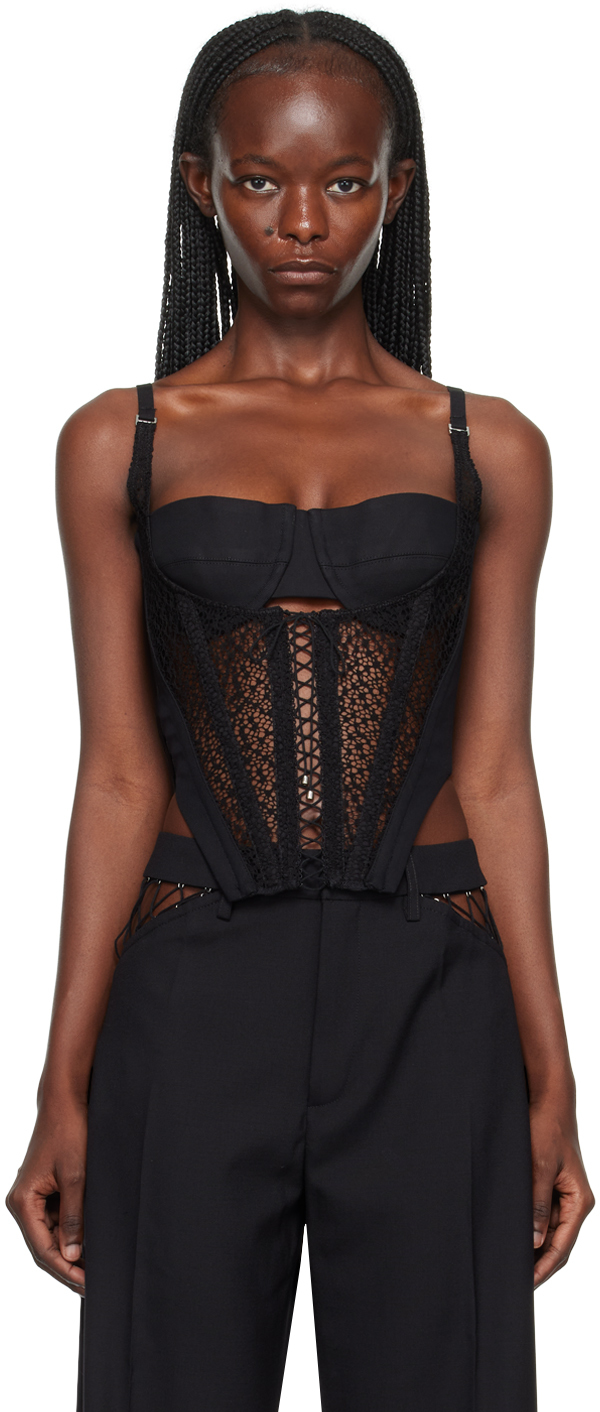 Black Lace-Up Corset Tank Top by Dion Lee on Sale
