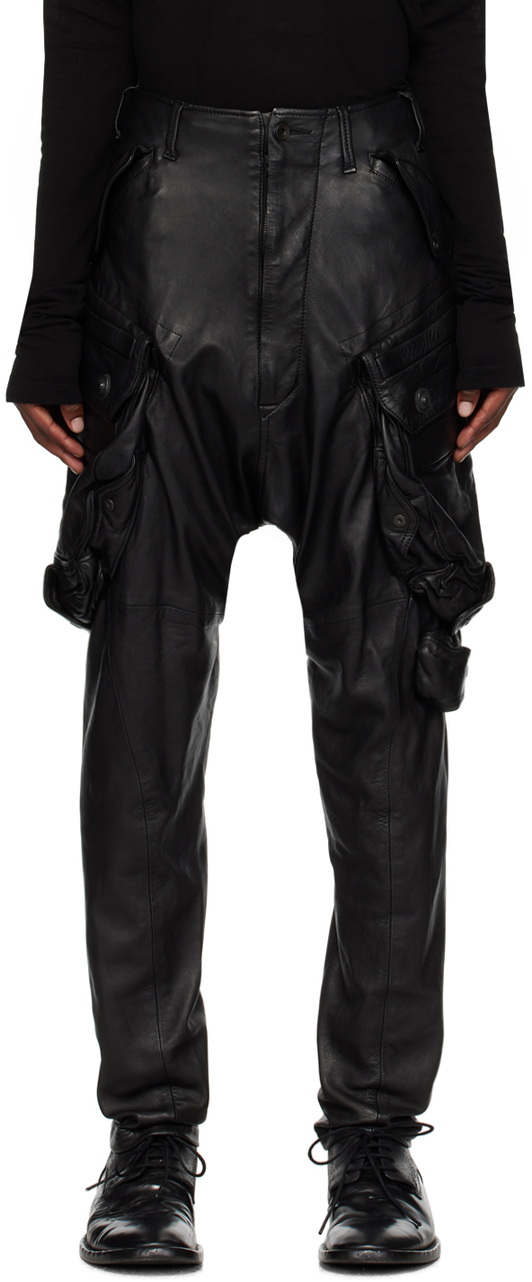Black Gas Mask Leather Cargo Pants by Julius on Sale
