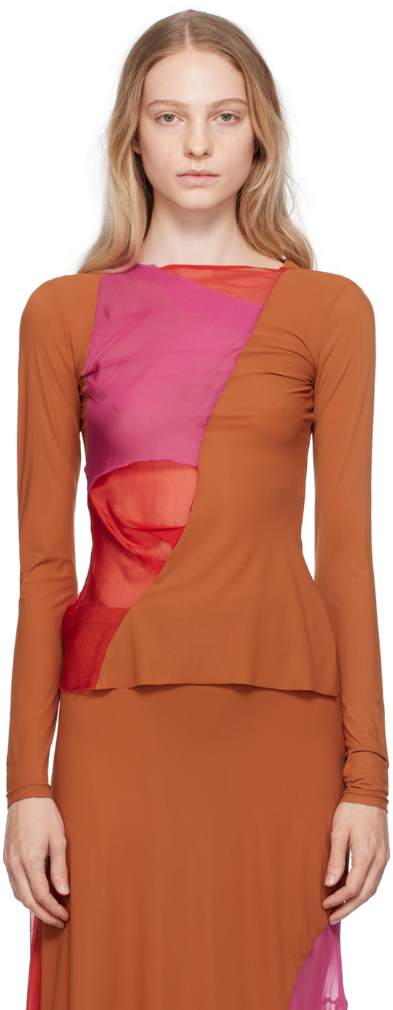 Pink & Tan Paneled Long Sleeve T-Shirt