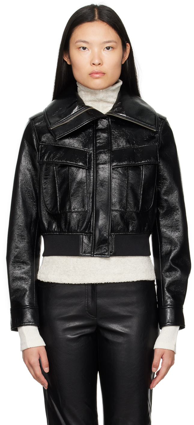 Lvir Black Crinkled Faux-leather Bomber Jacket