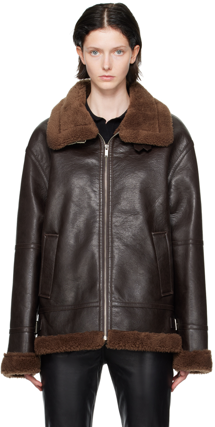 Brown Pin-Buckle Faux-Shearling Jacket