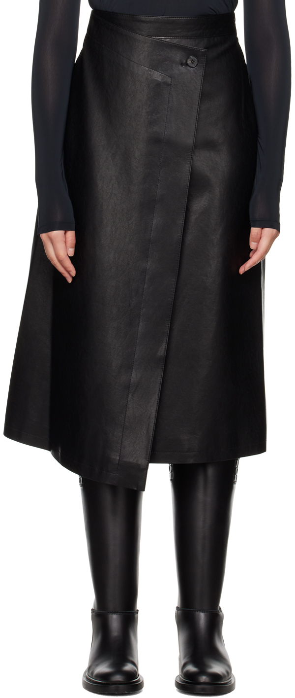 Black Wrap Faux-Leather Midi Skirt