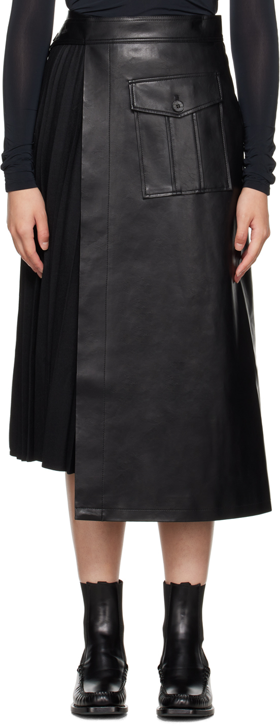 Black Pleated Faux-Leather Midi Skirt by LVIR on Sale