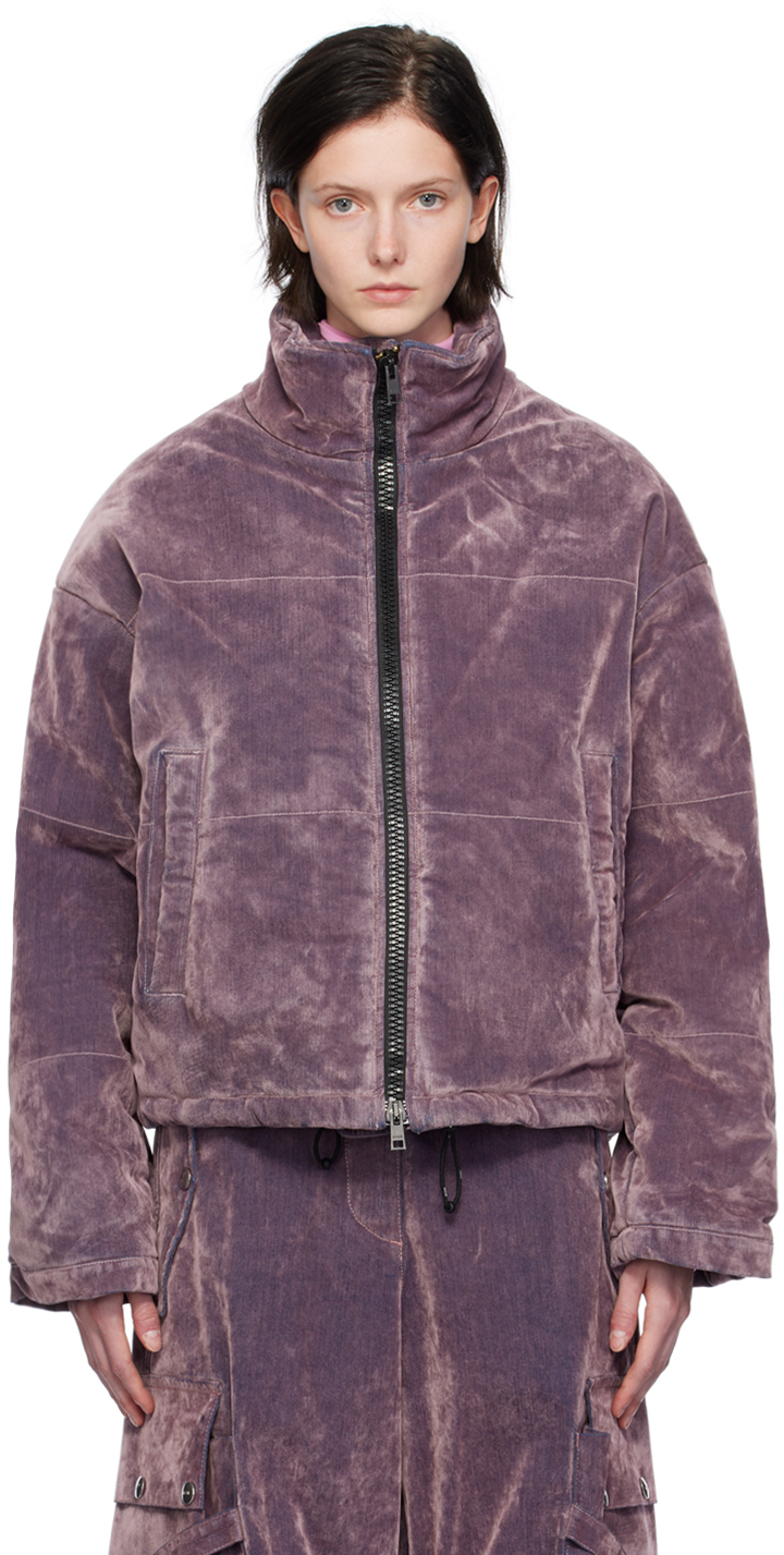 Purple Quilted Denim Puffer Jacket