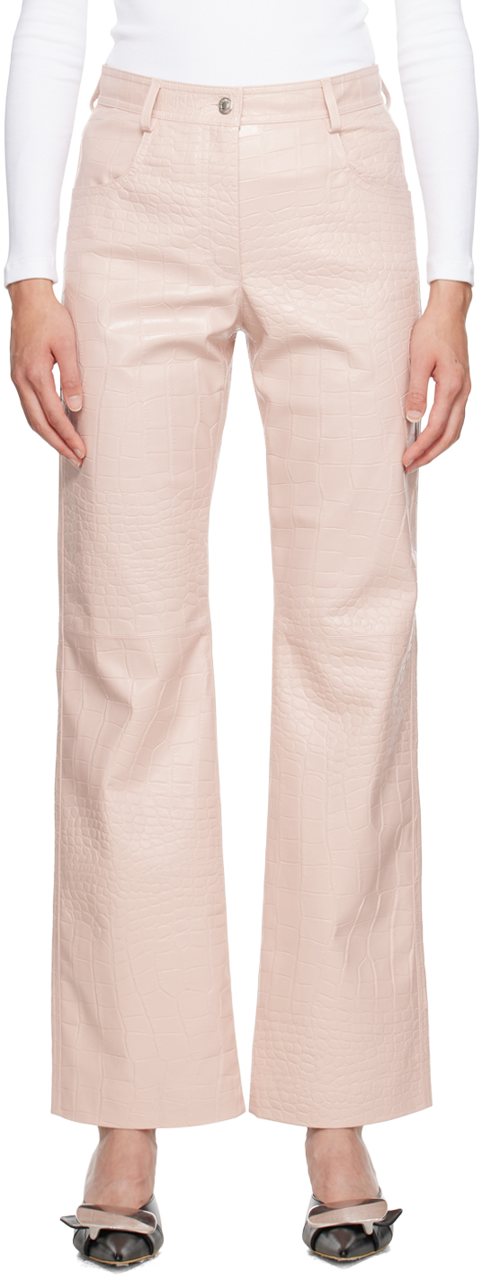 Pink Straight-Leg Faux-Leather Trousers