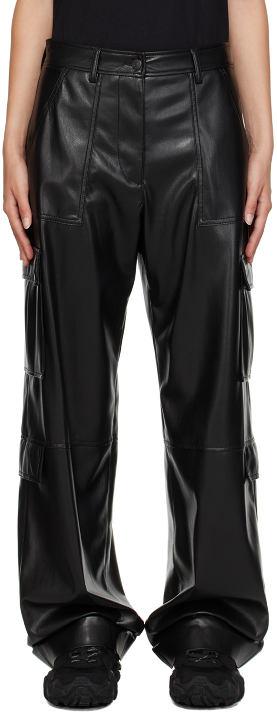 Black Cargo Pockets Faux-Leather Trousers