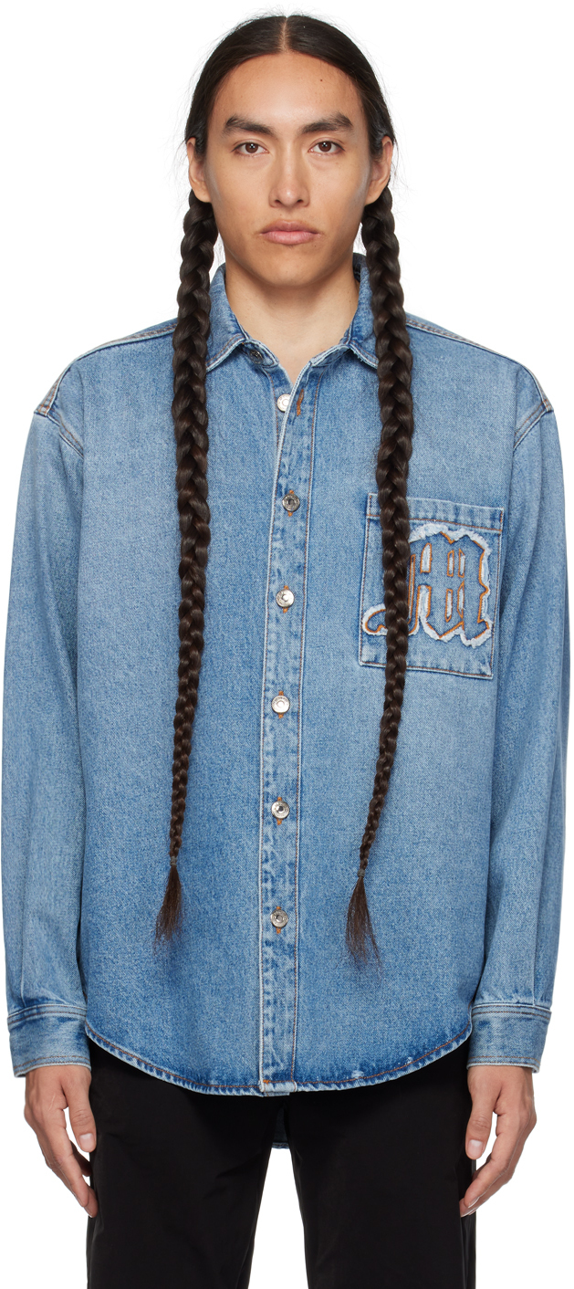 Msgm Logo-embroidered Washed Denim Shirt In Blue