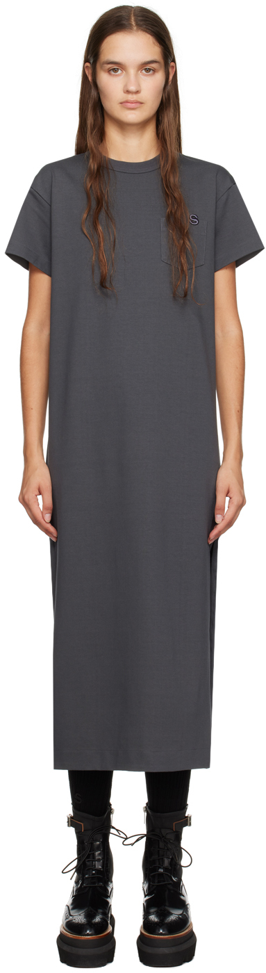 sacai Gray Embroidered Midi Dress SSENSE