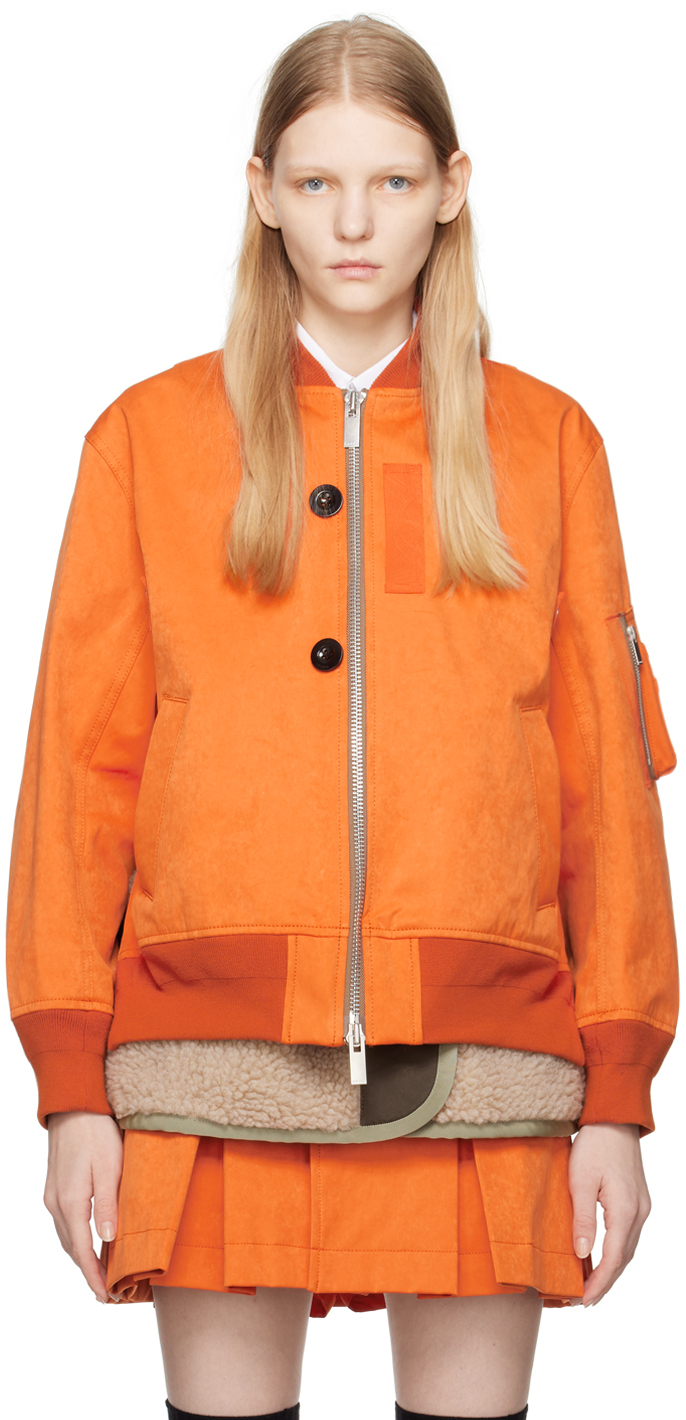 Orange Layered Faux-Suede Bomber Jacket