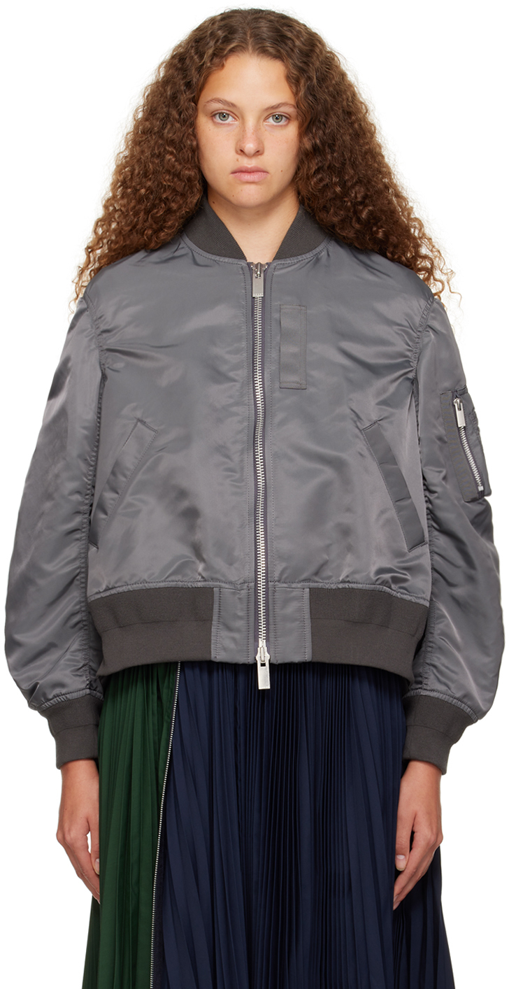 sacai: Gray Pleated Bomber Jacket | SSENSE Canada