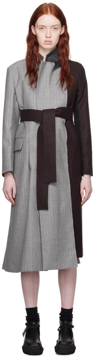 Sacai Gray Striped Trench Coat In 314 Grey Brown