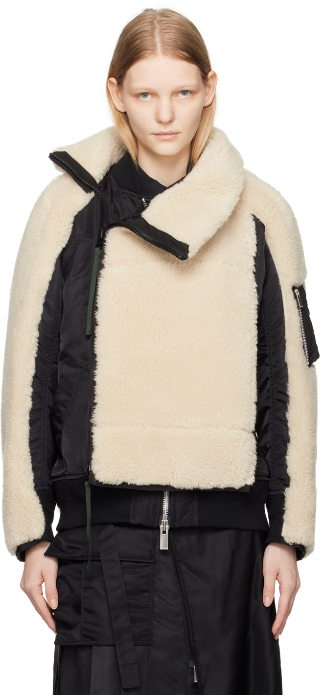 Black & Off-White Paneled Faux-Shearling Jacket by sacai on Sale