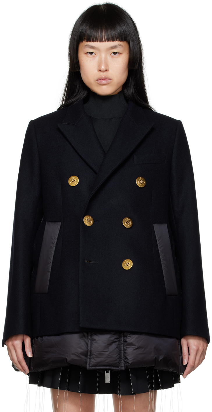 sacai: Navy Double-Breasted Peacoat | SSENSE