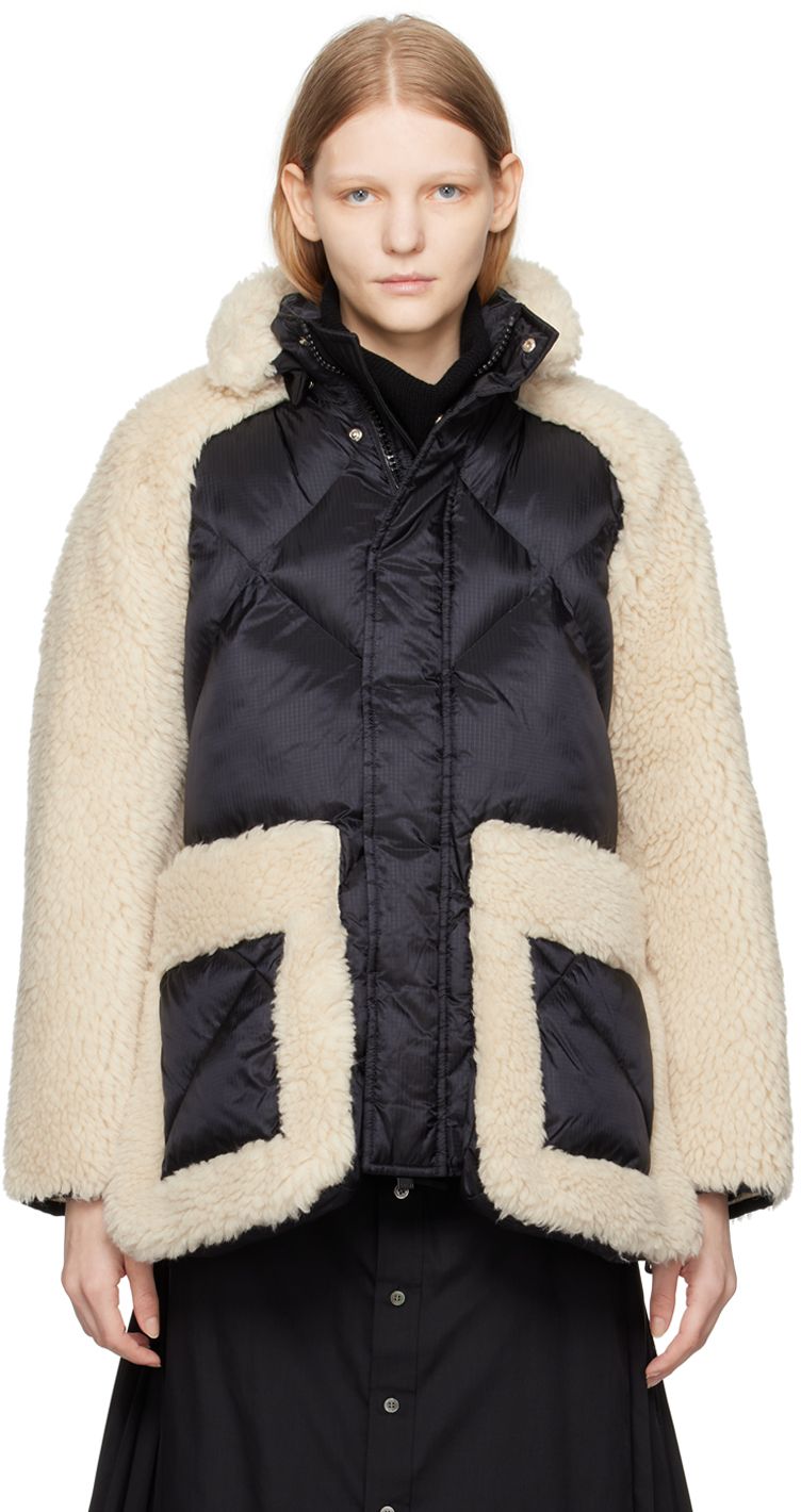 Shop Sacai Black & Off-white Paneled Faux-shearling Jacket In 022 Blackã—ecru