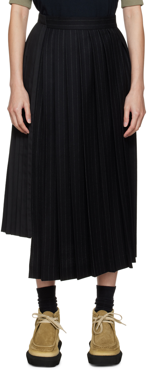 sacai: Black Chalk Stripe Midi Skirt | SSENSE Canada