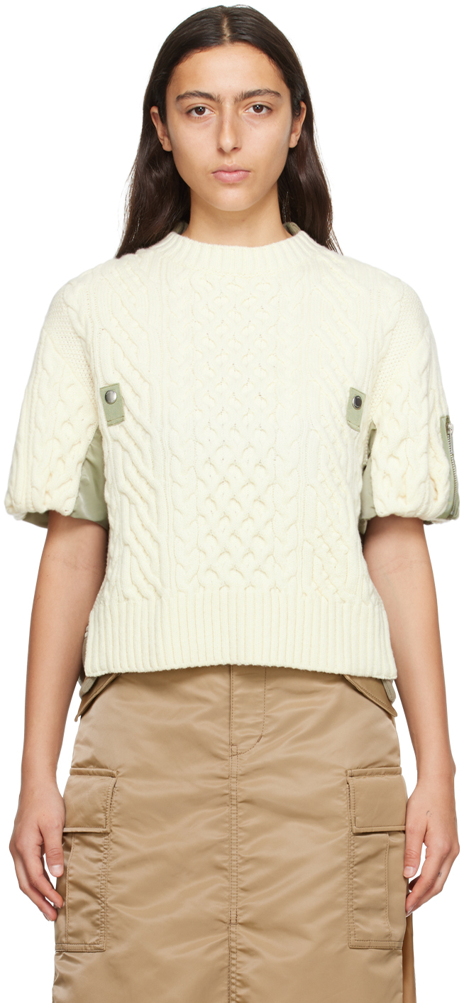 Shop Sacai Off-white & Khaki Mix Sweater In 173 Off White×l/khak