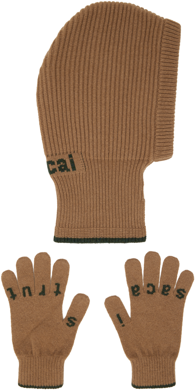 Sacai Beige Jacquard Balaclava & Glove Set In 651 Beige