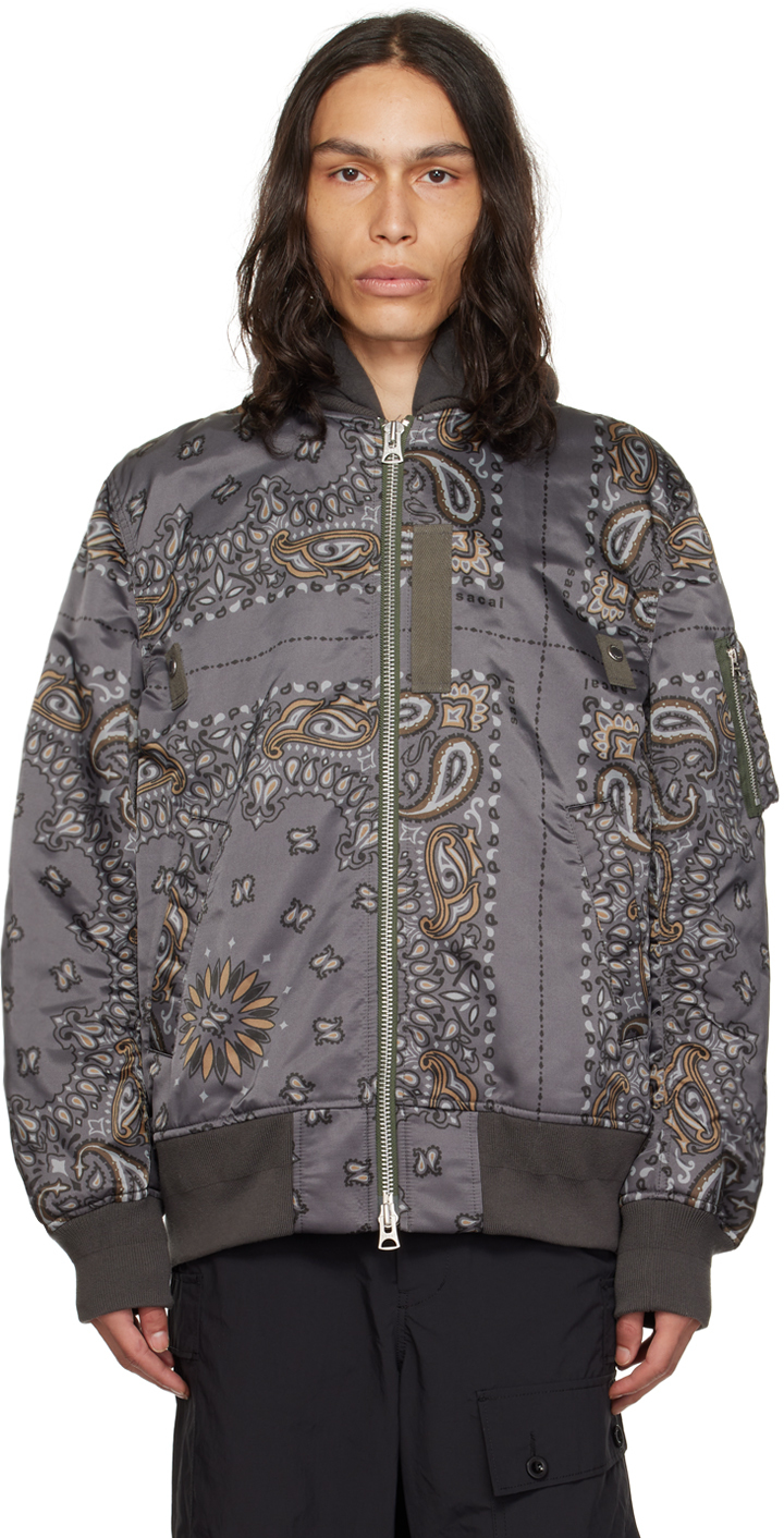 Gray Bandana Print Bomber Jacket