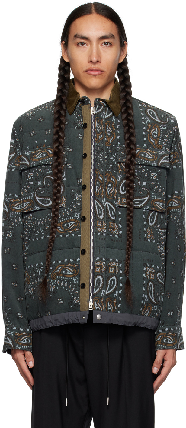 Sacai Bandana Print Quilted Cotton Shirt Jacket in Gray