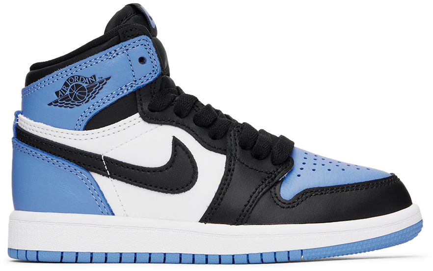 Kids White & Blue Jordan 1 Retro High OG Little Kids Sneakers by