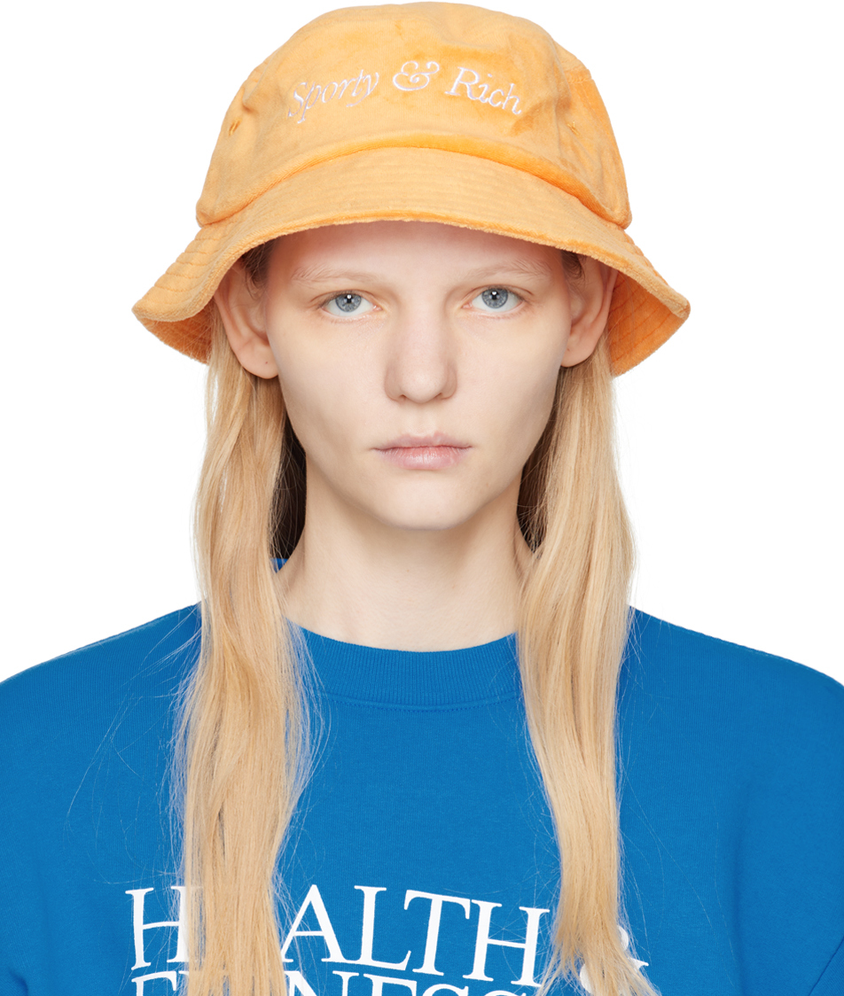 Shop Sporty And Rich Orange Embroidered Bucket Hat In Peach/white