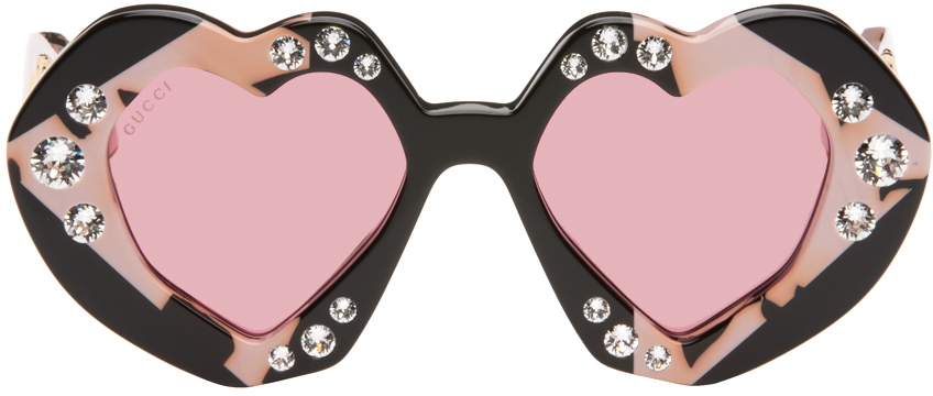 Black & Pink Heart & Crystals Sunglasses