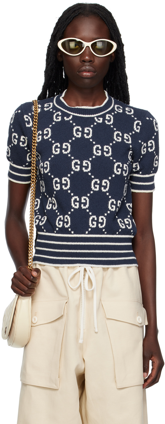 Gucci Navy Jacquard Sweater In 4769 Blue Navy/ivory