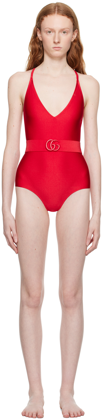Gucci: Red Belted One-Piece Swimsuit
