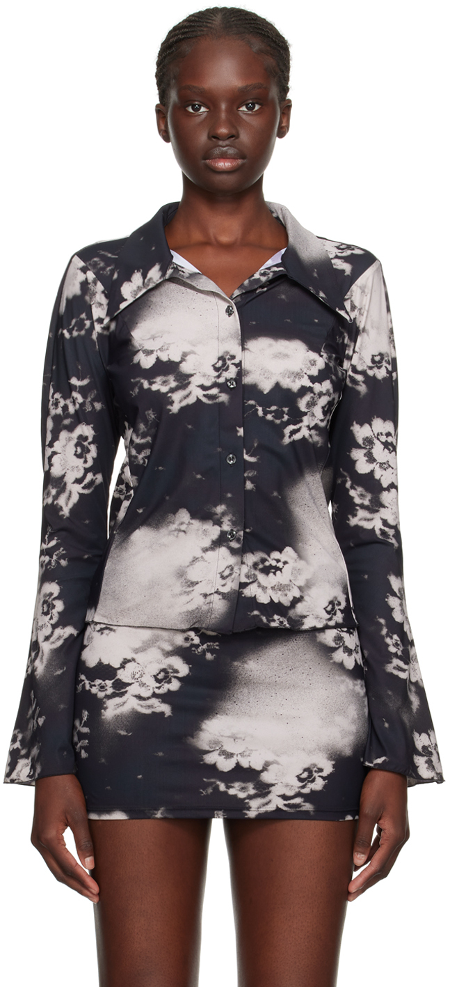 Ioannes Black Floral Shirt In Sprayed Lace - Black