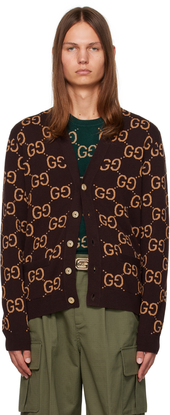 Shop Gucci Brown Gg Cardigan In 6385 Bordeaux/camel
