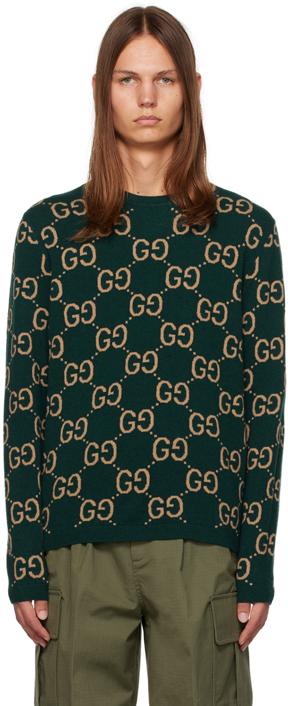 Shop Gucci Green Gg Sweater In 3235 Green/camel