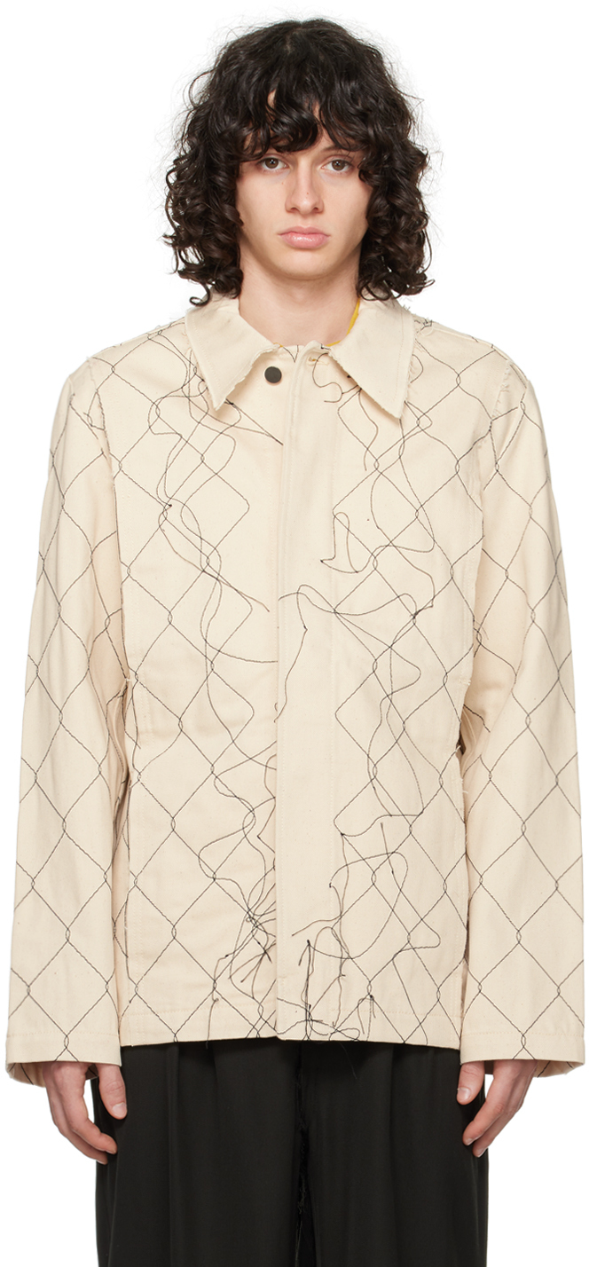 Beige Embroidered Denim Jacket by AIREI on Sale