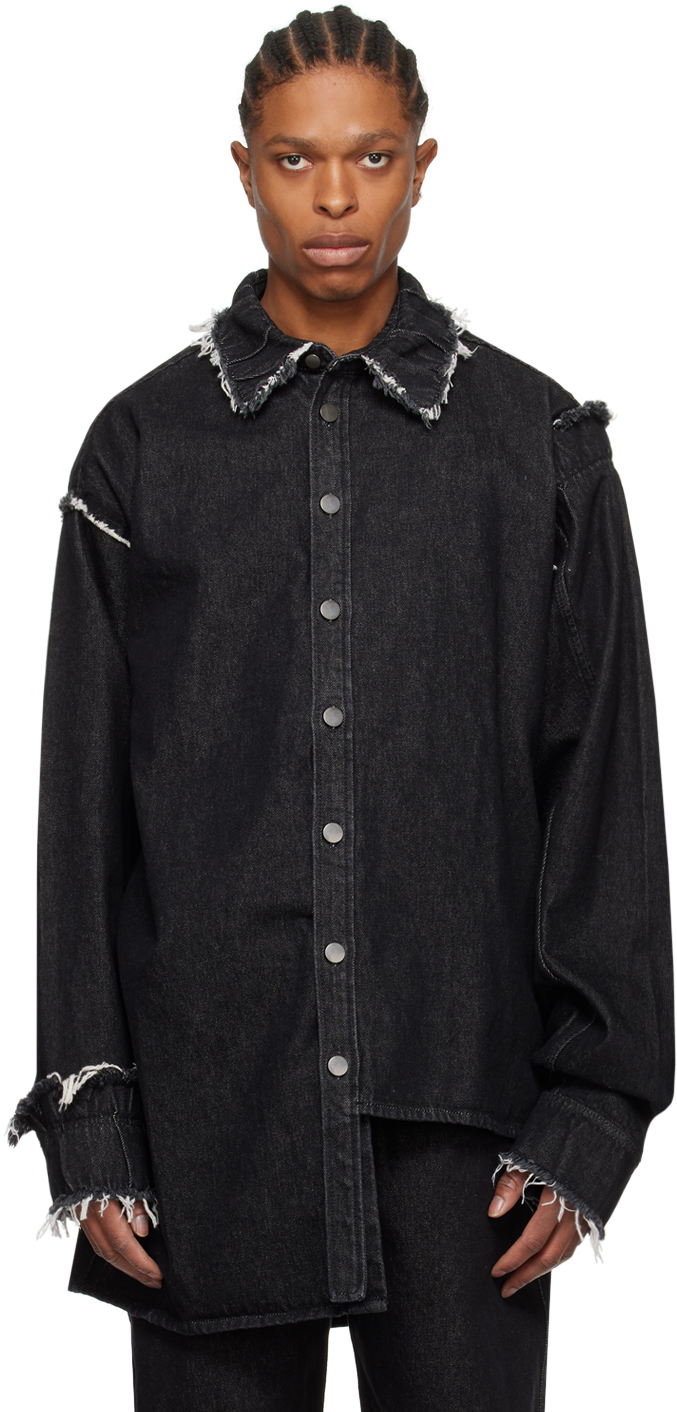 Airei Mens Washed Black Distressed-trim Oversized-fit Organic-denim Shirt